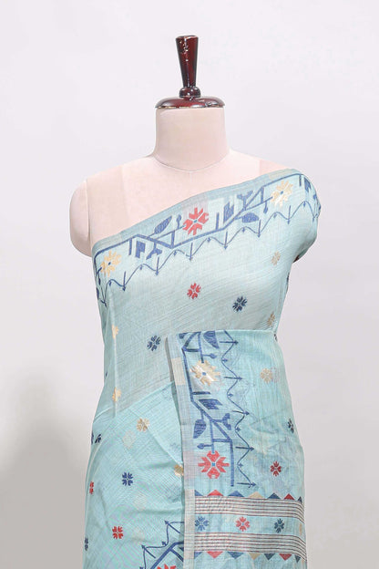 Blue floral motifs munga cotton saree with self border matching blouse