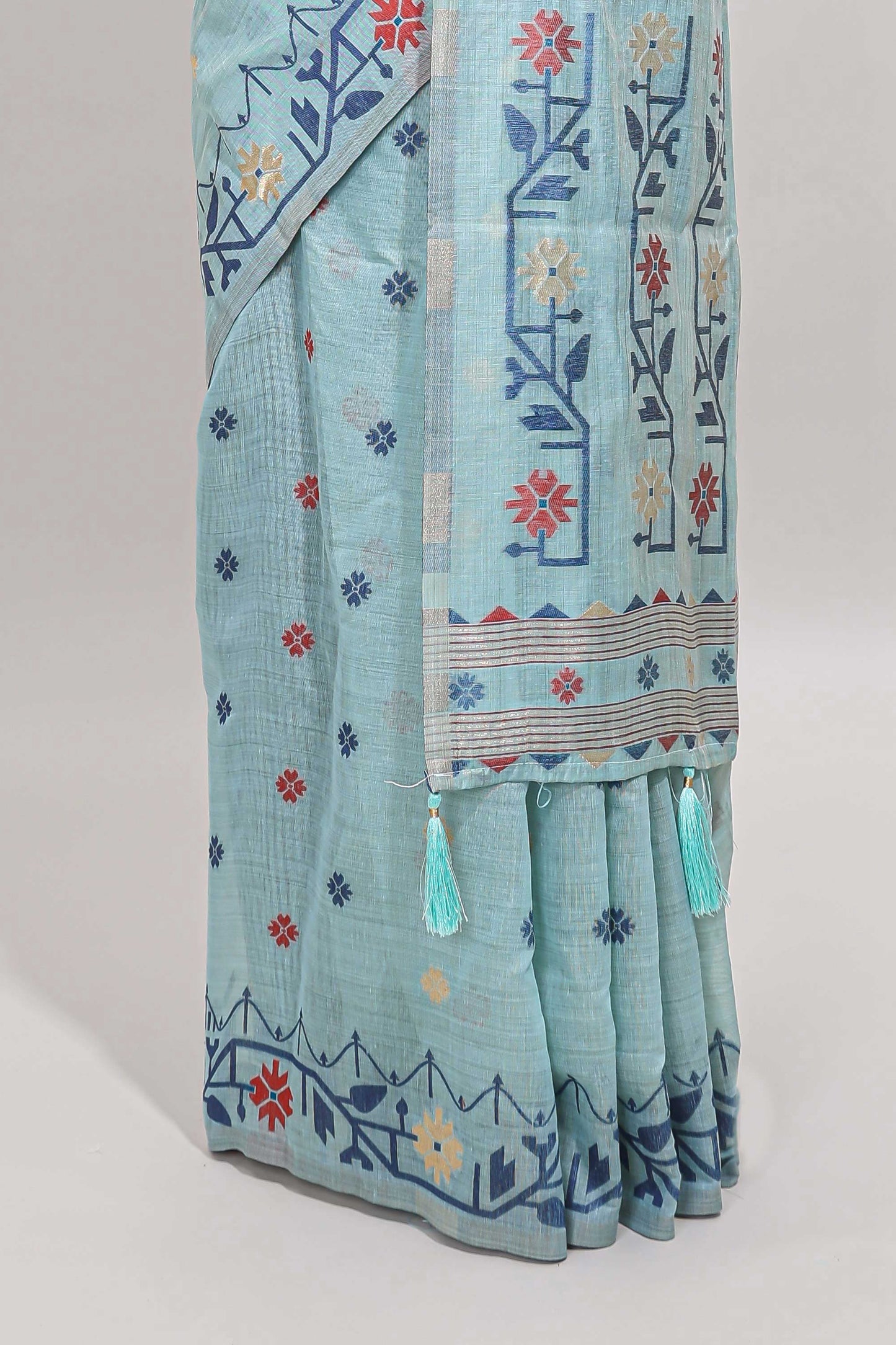 Blue floral motifs munga cotton saree with self border matching blouse