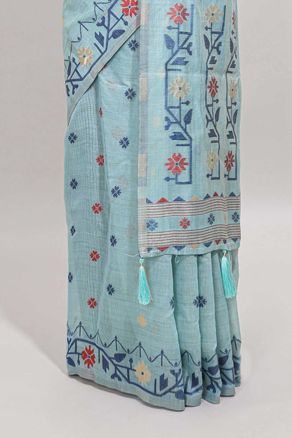 Blue floral motifs munga cotton saree with self border matching blouse