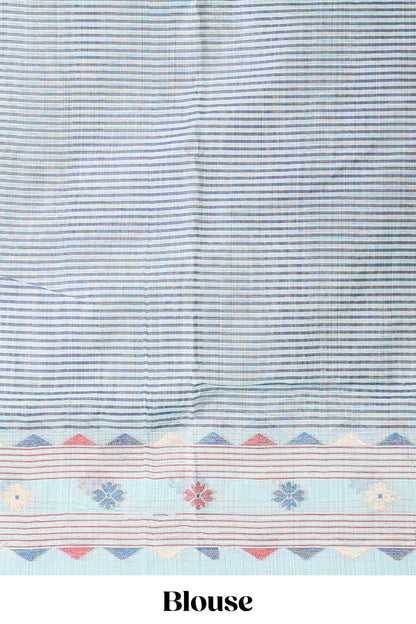 Blue floral motifs munga cotton saree with self border matching blouse