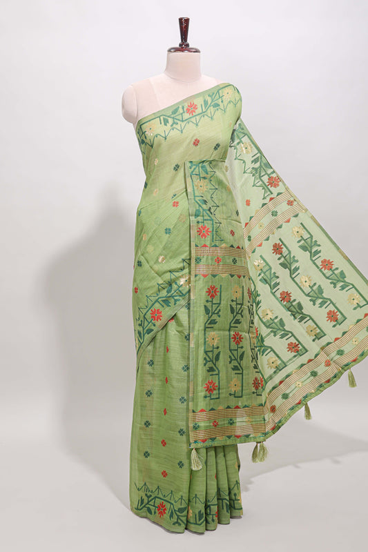 Green floral motifs munga cotton saree with self border matching blouse