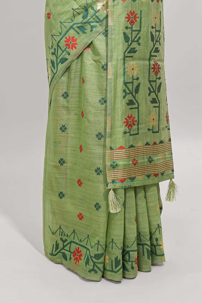 Green floral motifs munga cotton saree with self border matching blouse