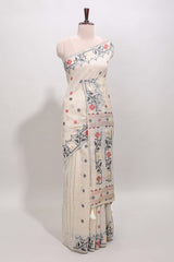 Cream floral motifs munga cotton saree with self border matching blouse