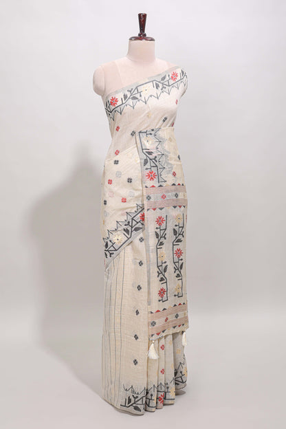 Cream floral motifs munga cotton saree with self border matching blouse