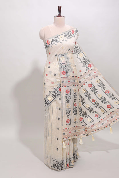 Cream floral motifs munga cotton saree with self border matching blouse