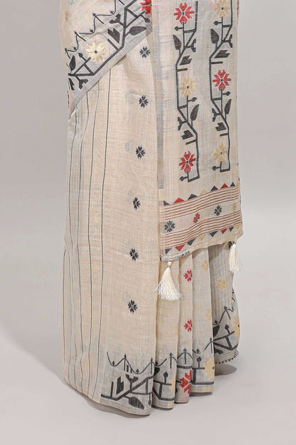 Cream floral motifs munga cotton saree with self border matching blouse