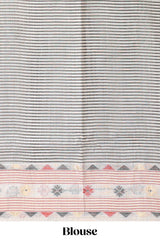 Cream floral motifs munga cotton saree with self border matching blouse