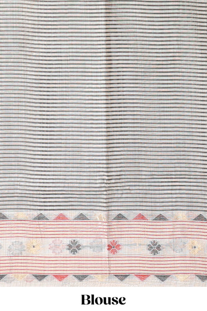 Cream floral motifs munga cotton saree with self border matching blouse