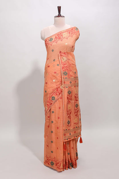 Orange floral motifs munga cotton saree with self border matching blouse