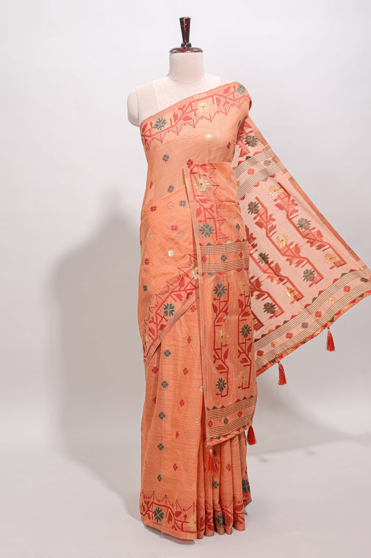 Orange floral motifs munga cotton saree with self border matching blouse