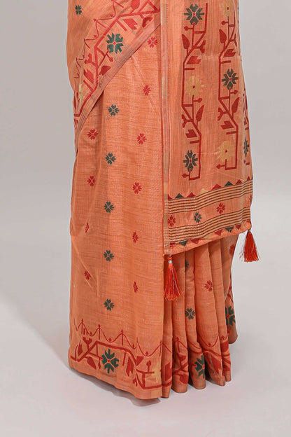 Orange floral motifs munga cotton saree with self border matching blouse