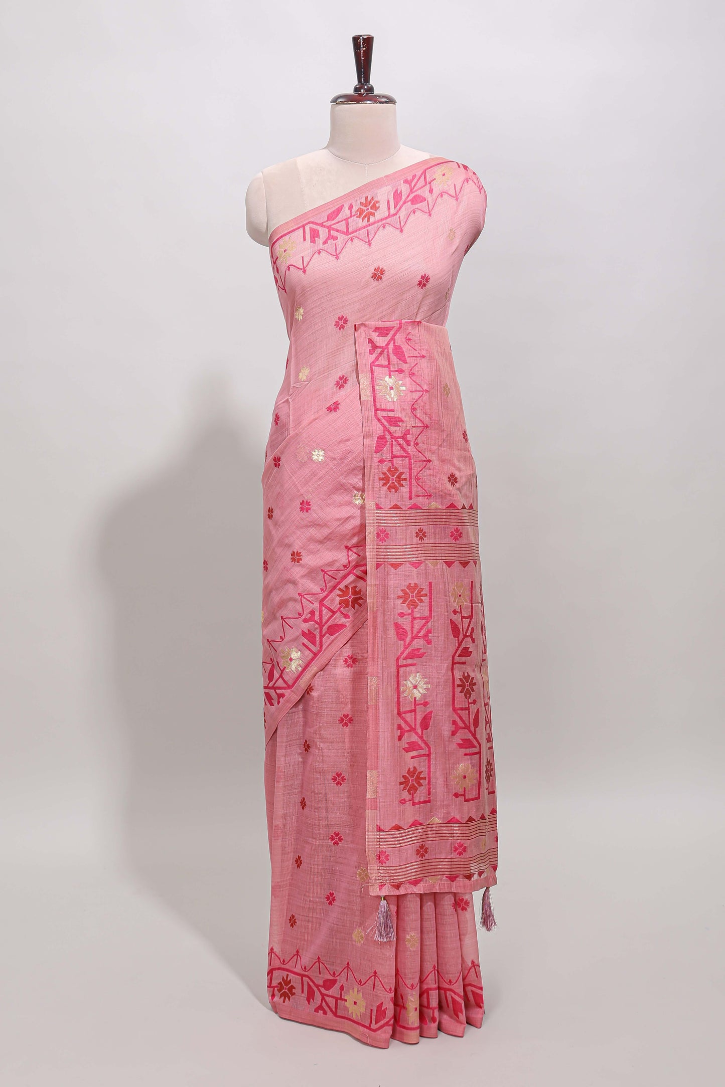 Pink floral motifs munga cotton saree with self border matching blouse