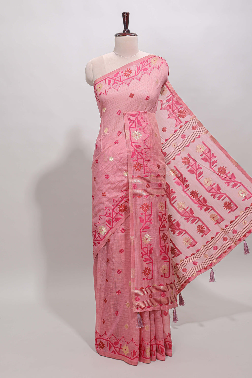 Pink floral motifs munga cotton saree with self border matching blouse