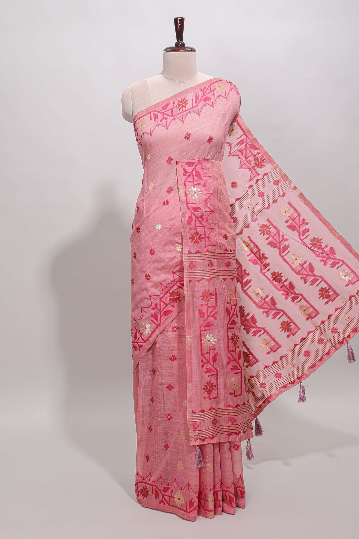 Pink floral motifs munga cotton saree with self border matching blouse