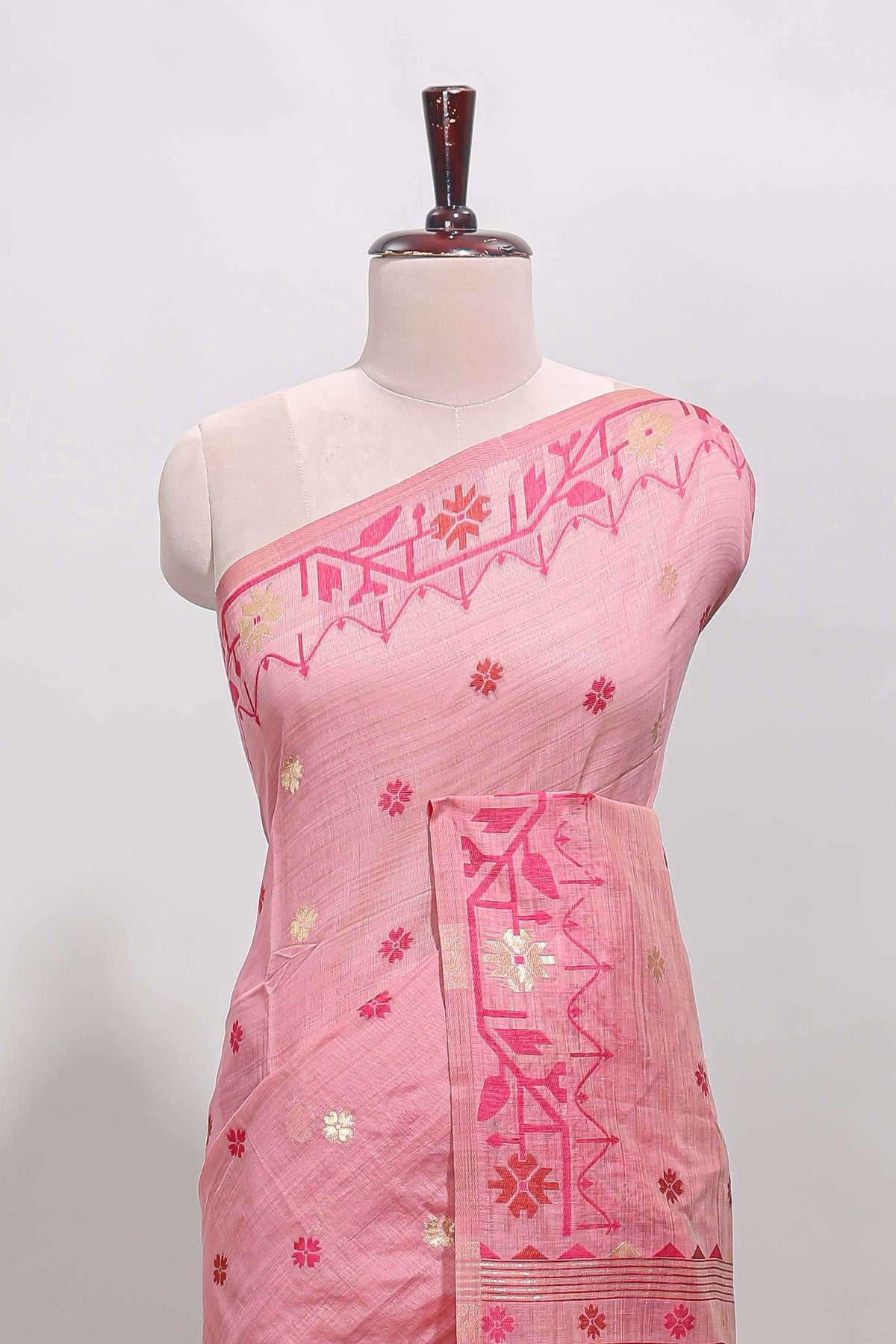 Pink floral motifs munga cotton saree with self border matching blouse