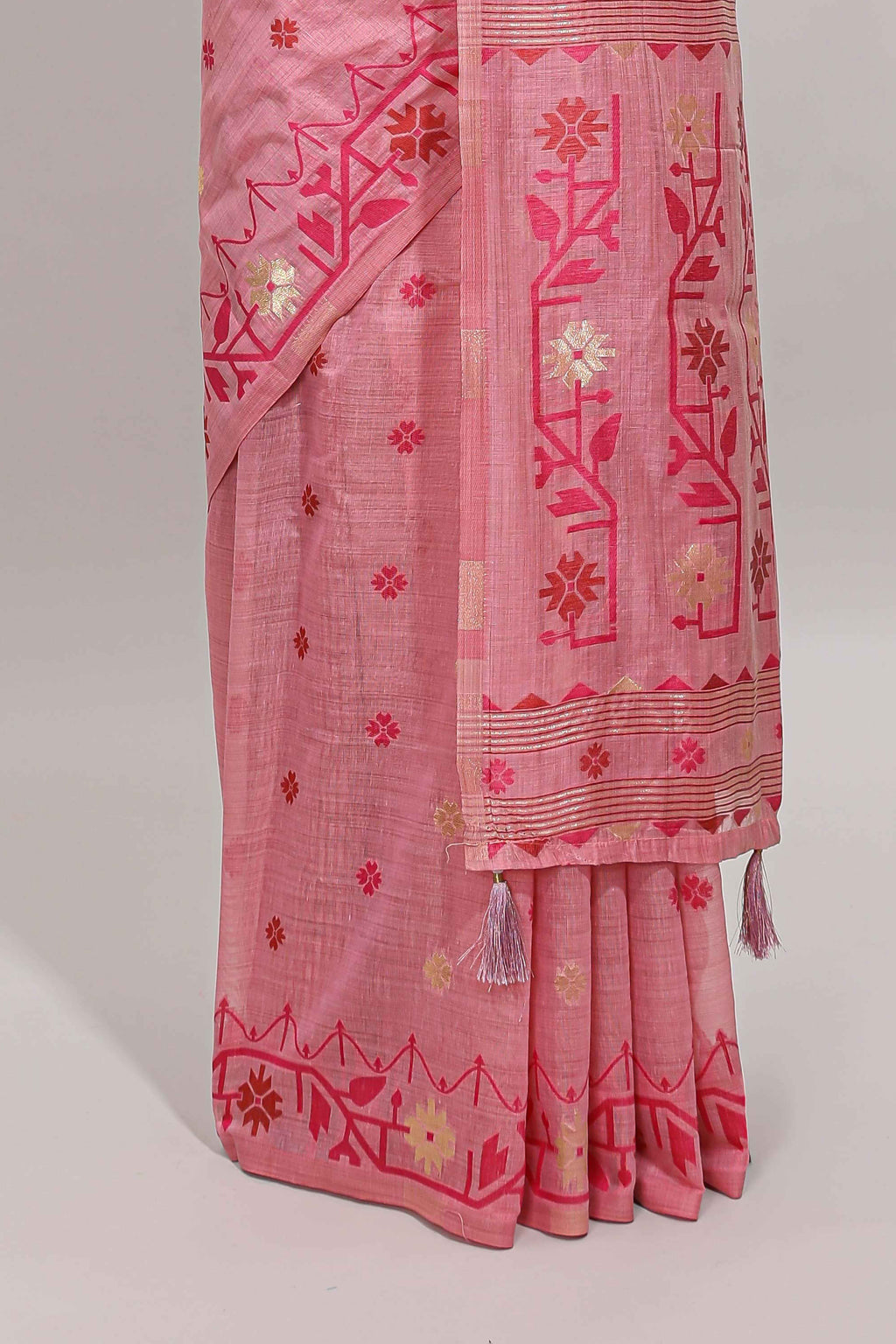 Pink floral motifs munga cotton saree with self border matching blouse