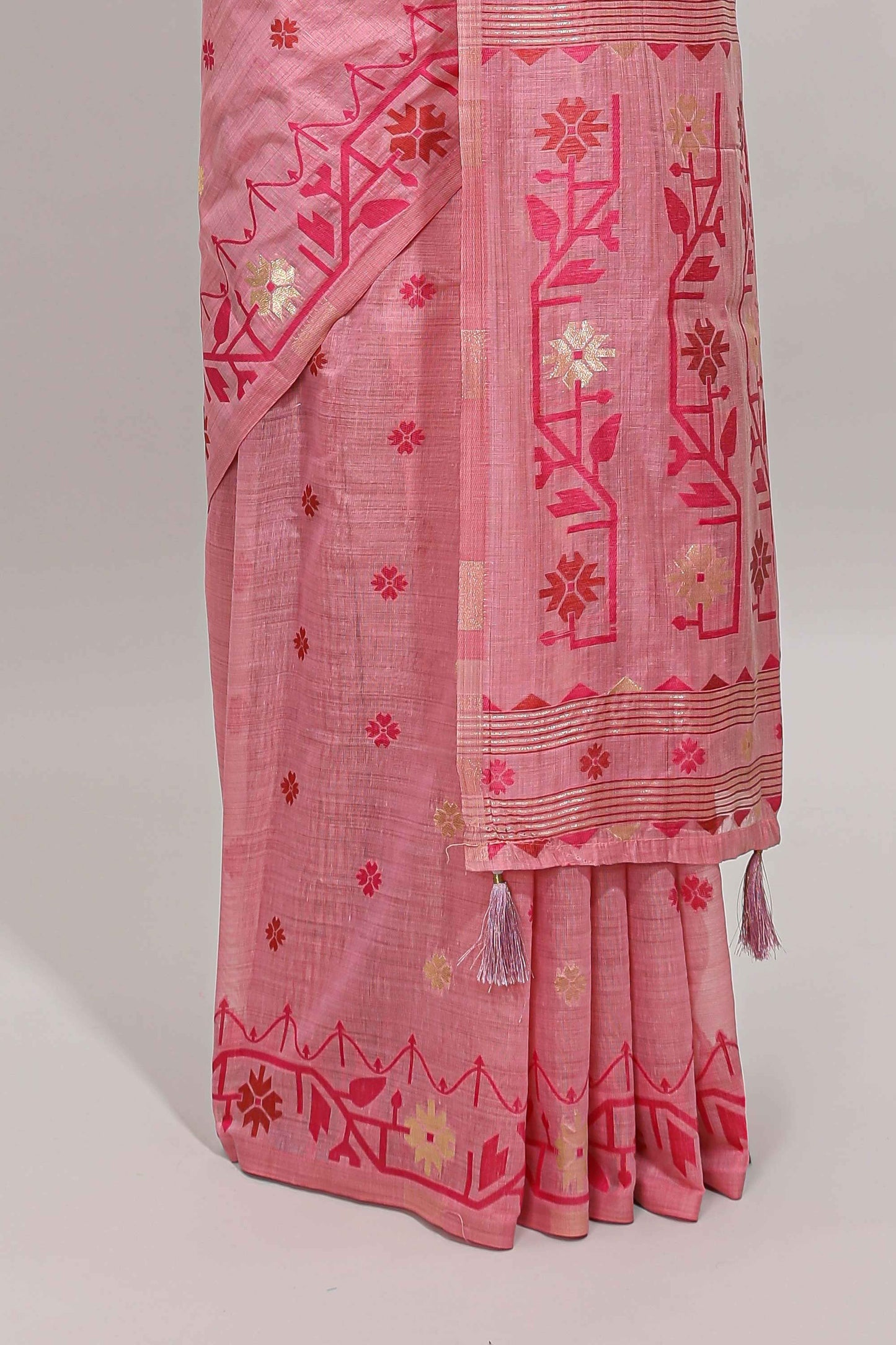 Pink floral motifs munga cotton saree with self border matching blouse