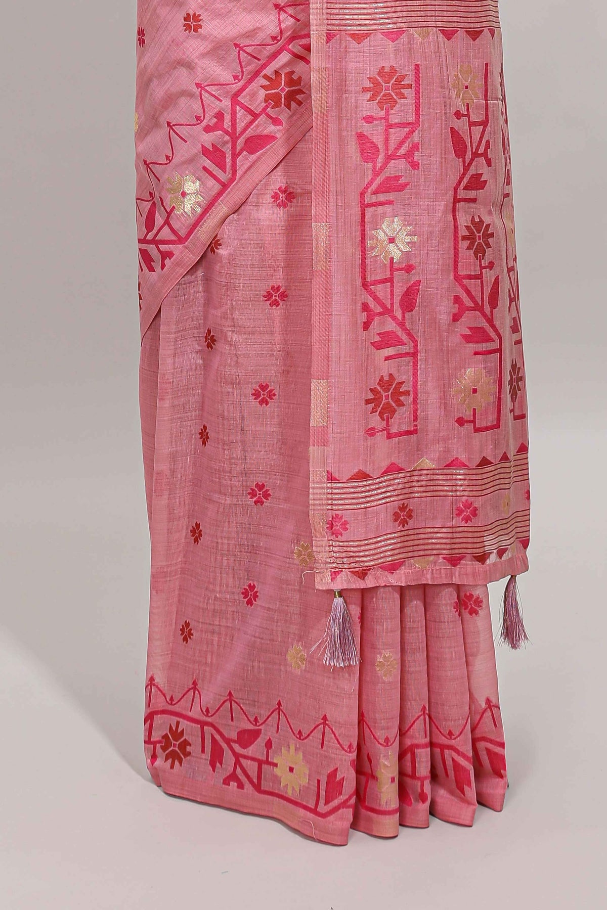 Pink floral motifs munga cotton saree with self border matching blouse