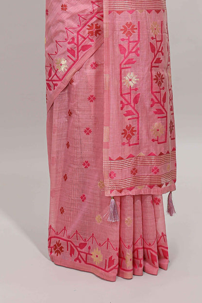 Pink floral motifs munga cotton saree with self border matching blouse