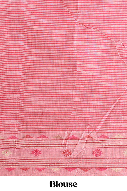 Pink floral motifs munga cotton saree with self border matching blouse