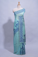 Turquoise colour munga cotton vertical thread lines thread weaving border with floral jaal thread pichwai pallu and self small butta blouse