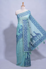 Turquoise colour munga cotton vertical thread lines thread weaving border with floral jaal thread pichwai pallu and self small butta blouse