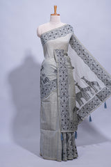Grey colour munga cotton vertical thread lines thread weaving border with floral jaal thread pichwai pallu and self small butta blouse