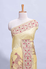 Powder Yellow colour munga cotton vertical thread lines thread weaving border with floral jaal thread pichwai pallu and self small butta blouse