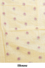 Powder Yellow colour munga cotton vertical thread lines thread weaving border with floral jaal thread pichwai pallu and self small butta blouse
