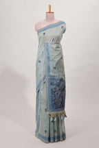 Blue munga cotton saree geometric border with peacock and floral motifs weaving and contrast blouse
