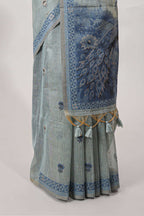 Blue munga cotton saree geometric border with peacock and floral motifs weaving and contrast blouse