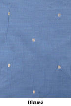 Blue munga cotton saree geometric border with peacock and floral motifs weaving and contrast blouse