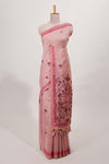 pink munga cotton floral thread motifs thread weaving border with floral jaal thread zari pallu and contrast small butta blouse