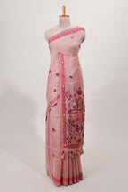 pink munga cotton floral thread motifs thread weaving border with floral jaal thread zari pallu and contrast small butta blouse