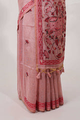 pink munga cotton floral thread motifs thread weaving border with floral jaal thread zari pallu and contrast small butta blouse