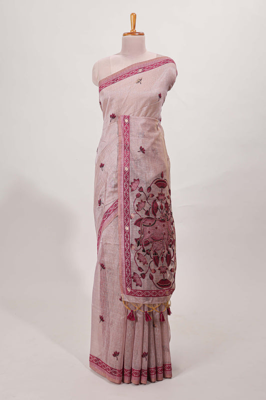 pink munga cotton floral thread motifs thread weaving border with floral jaal thread zari pallu and contrast small butta blouse