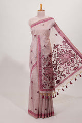 Magenta munga cotton floral thread motifs thread weaving border with floral jaal thread zari pallu and contrast small butta blouse