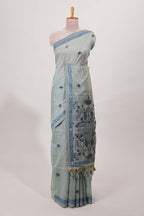 Blue munga cotton floral thread motifs thread weaving border with floral jaal thread zari pallu and contrast small butta blouse