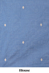 Blue munga cotton floral thread motifs thread weaving border with floral jaal thread zari pallu and contrast small butta blouse