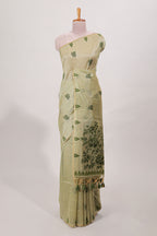 Green munga cotton floral thread motifs thread weaving border with floral jaal thread zari pallu and contrast small butta blouse