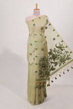 Green munga cotton floral thread motifs thread weaving border with floral jaal thread zari pallu and contrast small butta blouse