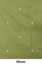 Green munga cotton floral thread motifs thread weaving border with floral jaal thread zari pallu and contrast small butta blouse