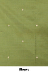 Green munga cotton floral thread motifs thread weaving border with floral jaal thread zari pallu and contrast small butta blouse