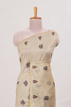 Beige munga cotton floral thread buttas thread weaving border with floral jaal thread zari pallu and contrast small butta blouse