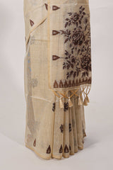 Beige munga cotton floral thread motifs thread weaving border with floral jaal thread zari pallu and contrast small butta blouse
