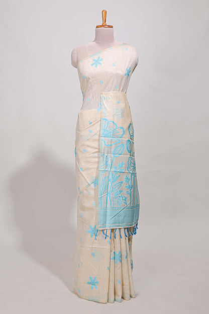 Powder blue floral print  munga cotton saree  with matching floral print pallu along with tassles