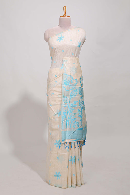 Powder blue floral print  munga cotton saree  with matching floral print pallu along with tassles