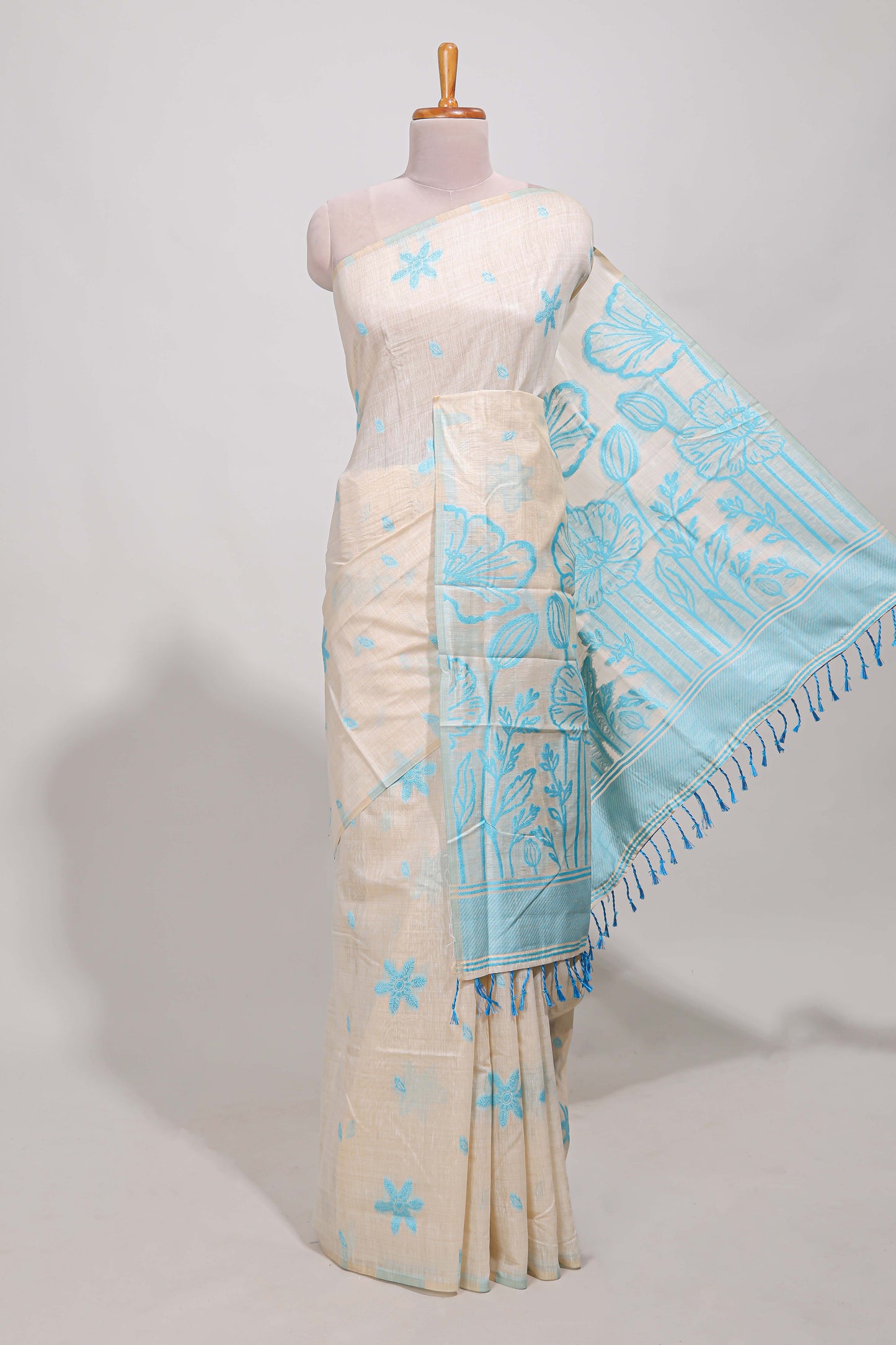 Powder blue floral print  munga cotton saree  with matching floral print pallu along with tassles