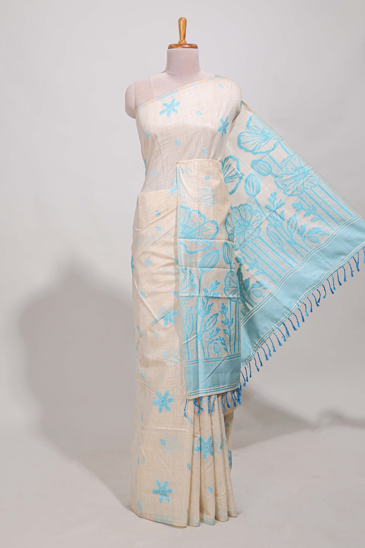 Powder blue floral print  munga cotton saree  with matching floral print pallu along with tassles