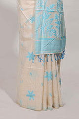 Powder blue floral printmunga cotton sareewith matching floral print pallu along with tassles